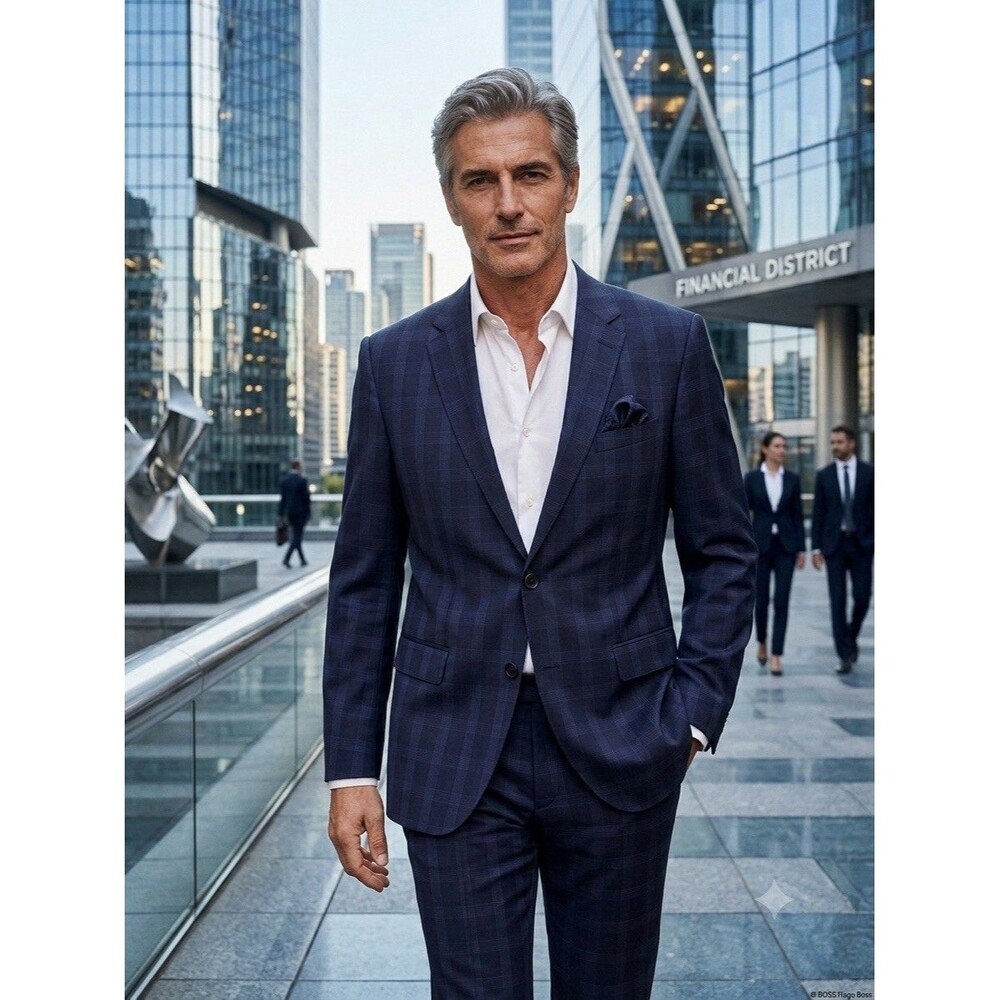 BOSS Hugo Boss Men's Suit 40R 36x31 Navy Blue Plaid Super 120 Wool 2-Piece Set
